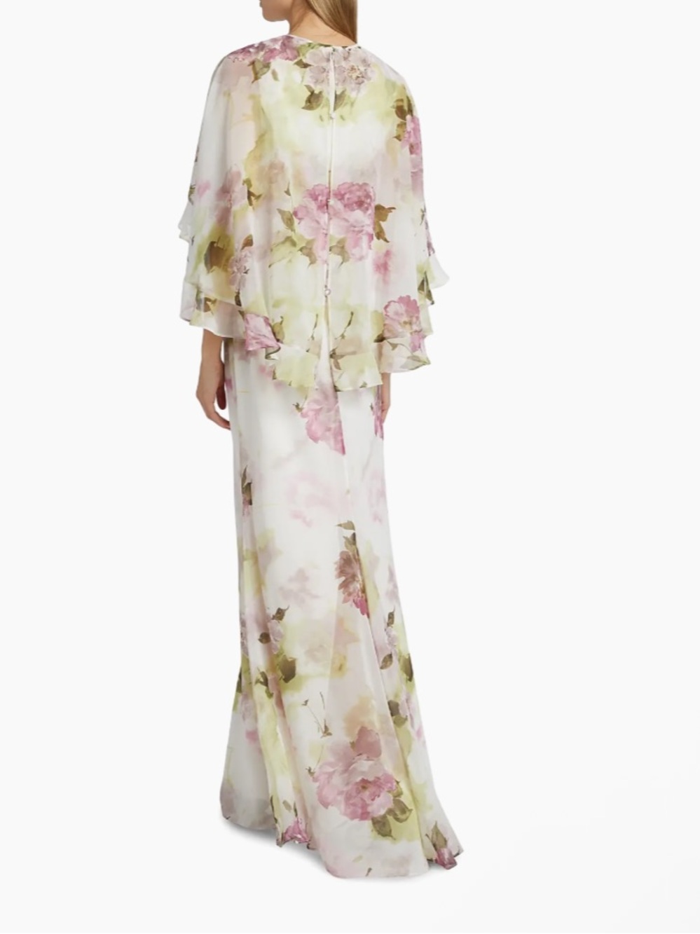 Teri Jon by Rickie Freeman Floral Chiffon Ruffle Capelet Gown Cream Green Pink - Picture 5 of 14